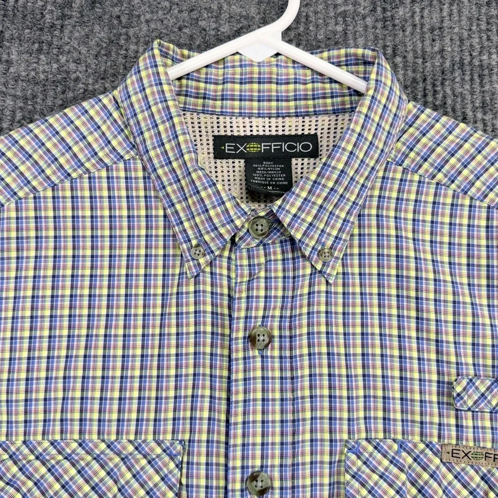 ExOfficio Shirt Mens Medium Blue Plaid Vented Back Fishing Button Up Travel